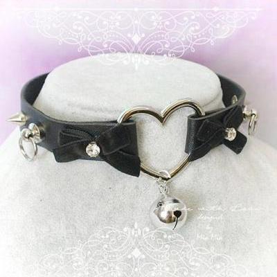 Choker Necklace , Black Faux Leather Heart O Ring Bell Velvet Bow Rhinestone Spikes ,Kitten Play Collar goth Punk Rock DDLG BDSM