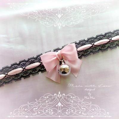 Choker Necklace , Kitten Play Collar, Black Lace Baby Pink Bow Bell , pastel Lolita Jewelry Fairy Kei Jewelry DDLG