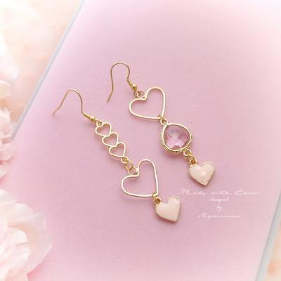  DANGLE or CLIP ON no pierce Earrings, Gold Pink Little Love Heart Crystal Drop Earrings, Kawaii Sweet Fairy Kei Jewelry
