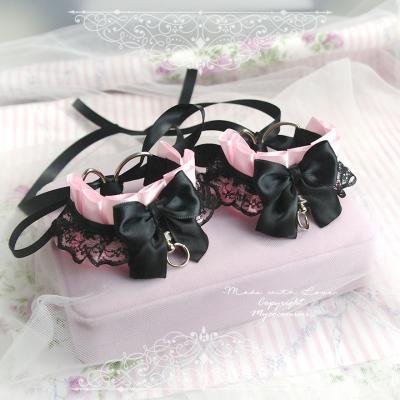  Cuffs Set Bracelet 2 pcs , Kitten Pet Rule Play Gear Daddys Girl Costume Pink Black Lace Bow Tug Proof O Ring ,Gloves Jewelry BDSM DDLG