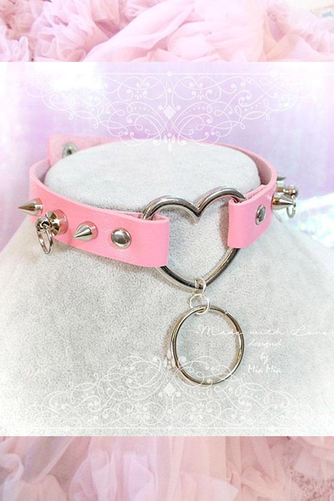 Bdsm Daddys Girl Choker Necklace Pink Faux Leather Heart Spikes O Ring Kitten Play Collar Pastel