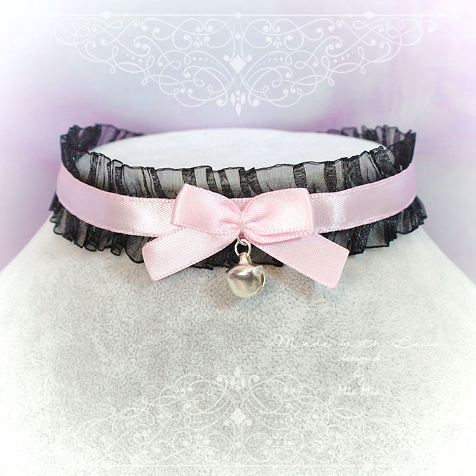 Choker Necklace Black Lace Ruffles Pink Bow Bell Neko Collar 