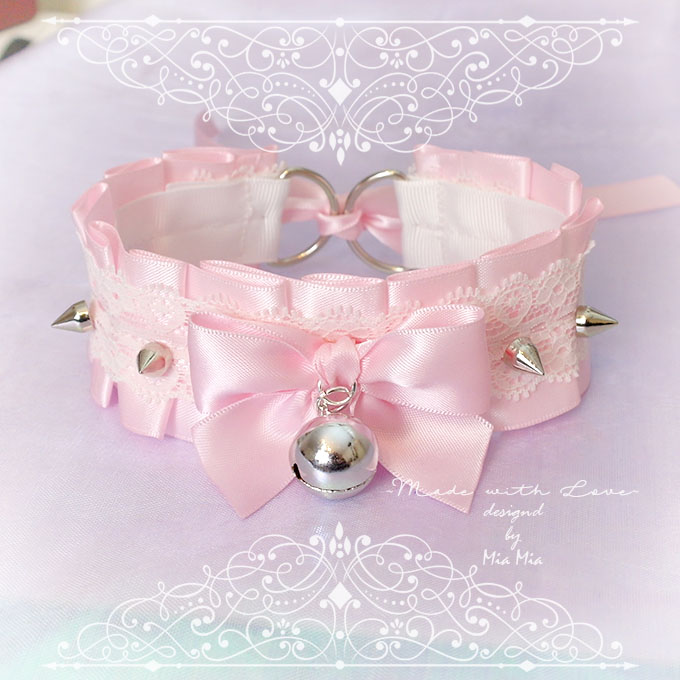 Kitten Pet Play Collar , BDSM DDLG Choker Necklace Pink Satin White