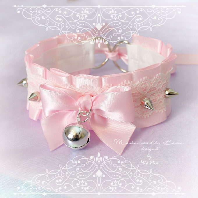 Kitten Pet Play Collar , BDSM DDLG Choker Necklace Pink Satin White