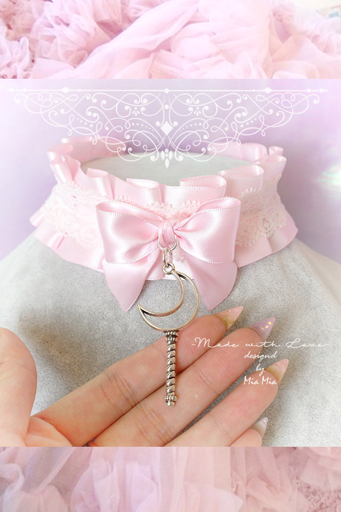 Kitten Play Collar ,DDLG Choker Necklace Pink Satin White Lace Ruffles ...