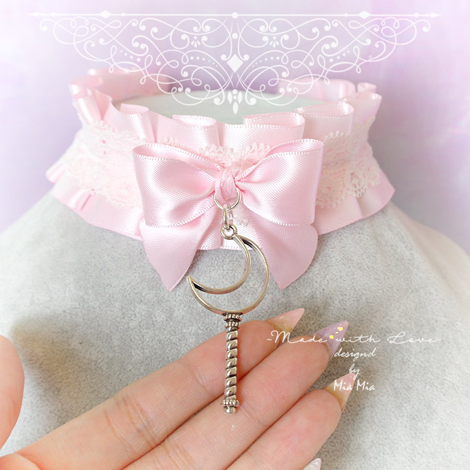 Kitten Play Collar ,DDLG Choker Necklace Pink Satin White Lace Ruffles ...