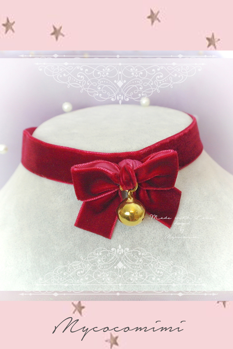 Choker Necklace ,Kitten Play Collar, Burgundy Red Velvet Bow Gold Bell ,  Pastel Goth Lolita Neko DDL on Luulla