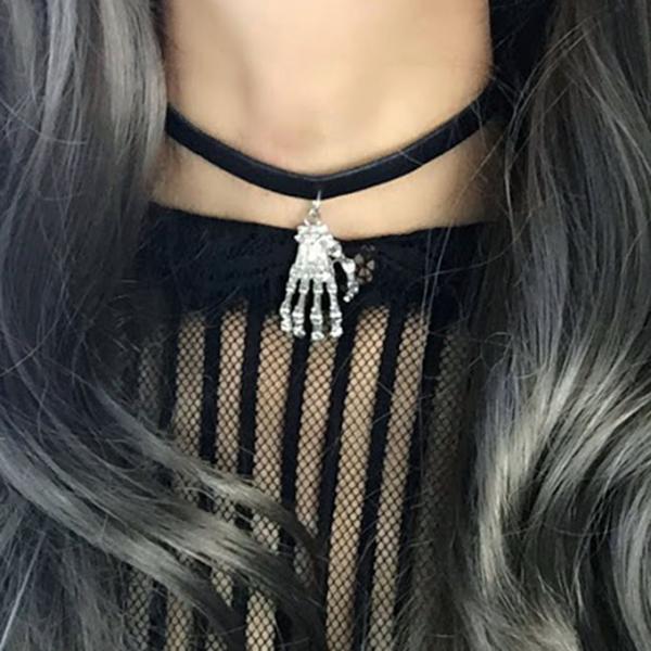 Necklace Choker black faux leather skull hand spooky Witch Choker, goth gothic wicca Jewelry steampunk Silver color