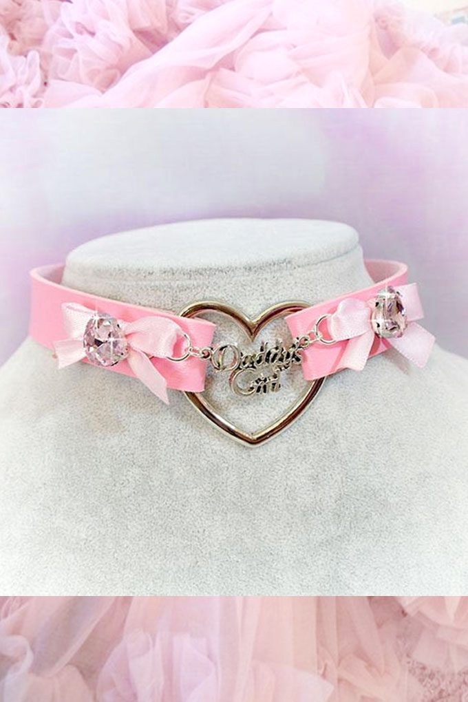 BDSM Daddys Girl Choker Necklace Pink Faux Leather Heart Pink Bow Pink