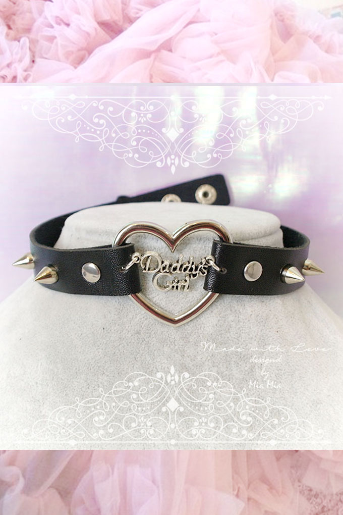 Bdsm Daddys Girl Choker Necklace Black Faux Leather Heart Spikes Kitten