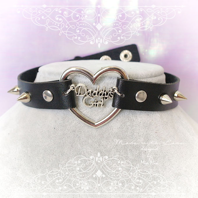 Bdsm Daddys Girl Choker Necklace Black Faux Leather Heart Spikes Kitten