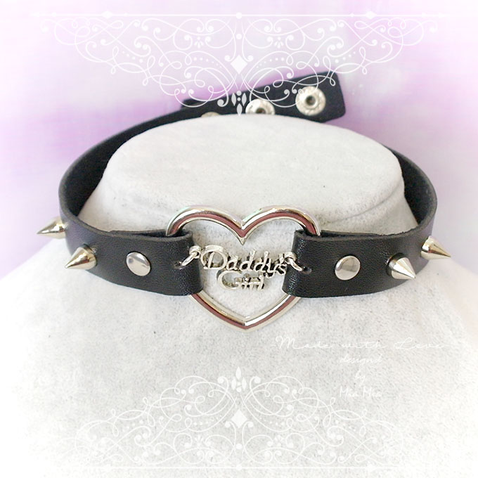 Bdsm Daddys Girl Choker Necklace Black Faux Leather Heart Spikes Kitten