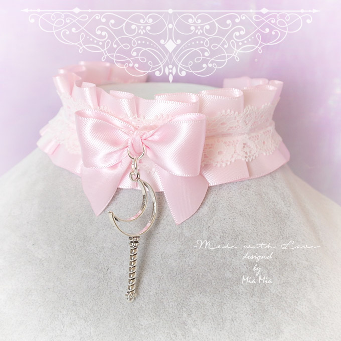 Kitten Play Collar ,DDLG Choker Necklace Pink Satin White Lace Ruffles ...