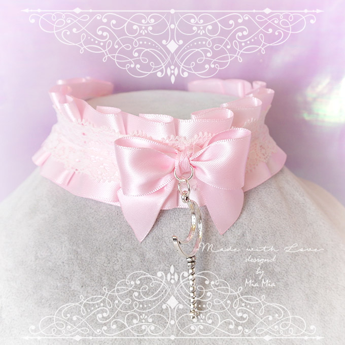 Kitten Play Collar ,DDLG Choker Necklace Pink Satin White Lace Ruffles ...