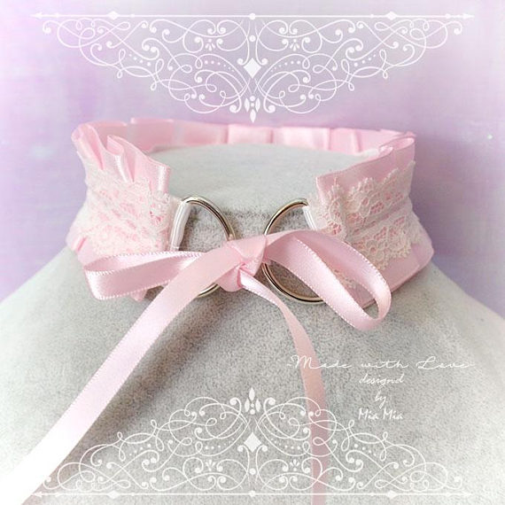 Kitten Play Collar ,DDLG Choker Necklace Pink Satin White Lace Ruffles ...