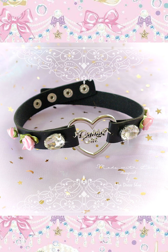 Bdsm Daddys Girl Choker Necklace Collar Black Faux Leather Heart Rhinestone Pink Rose Flower