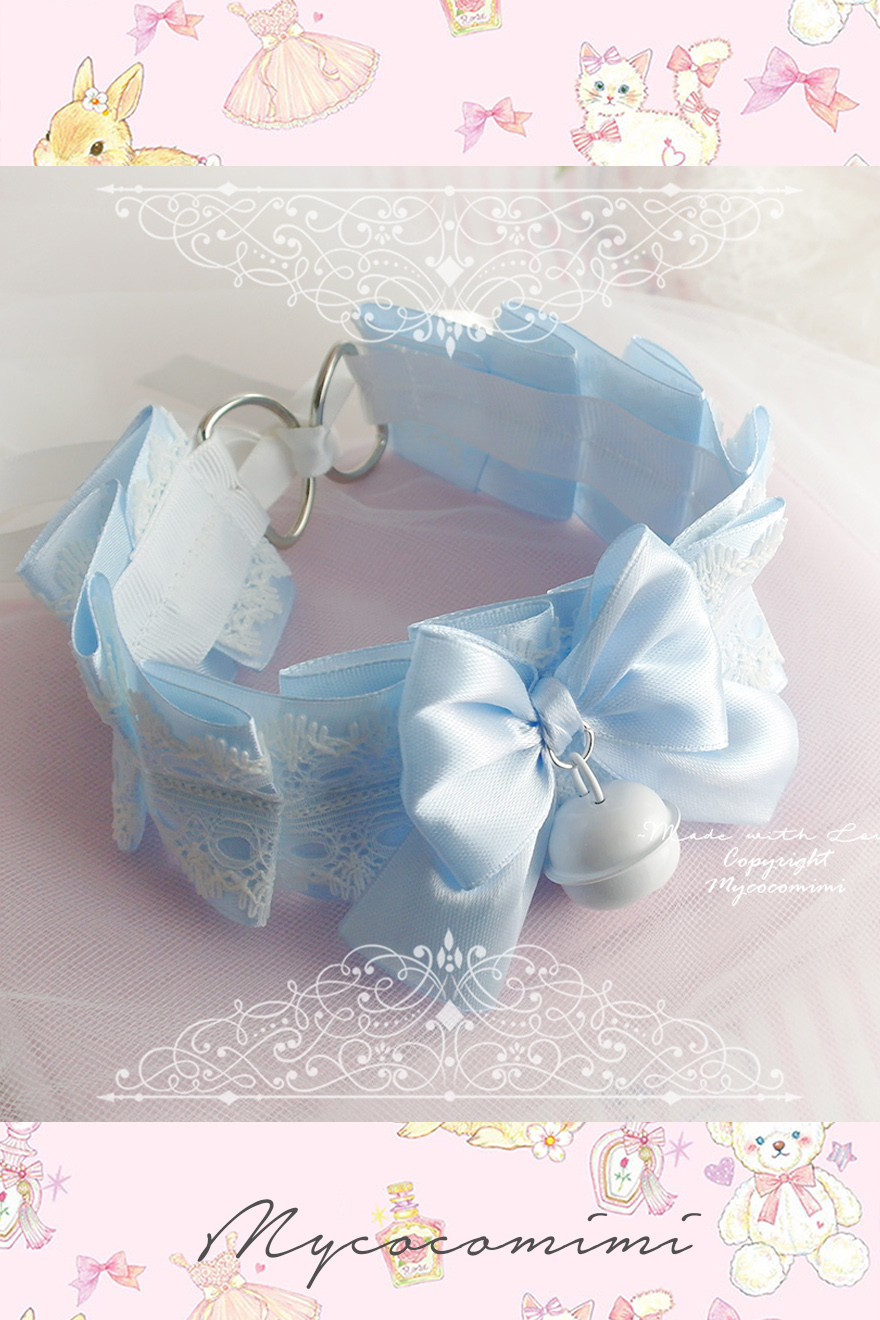 Choker Necklace ,kitten Play Collar , Baby Blue White Lace Bow Bell ...