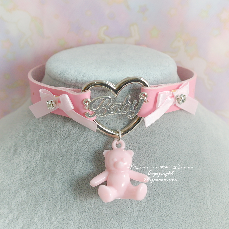 Baby Girl Choker Necklace Pink Faux Leather Heart Pink Bow Rhinestone