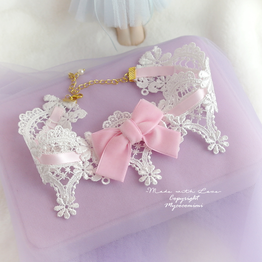 Pretty Lace Choker Necklace ,Romantic White Lace Pink Velvet , Pastel ...